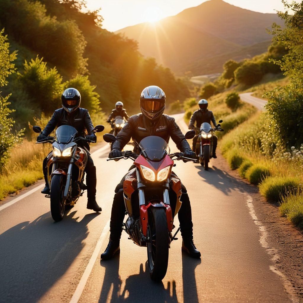 A dynamic scene showcasing a group of diverse bikers wearing stylish and protective gear, riding along a scenic mountain road at sunset. In the foreground, highlight a close-up of innovative helmet designs and fashionable jackets, while the background captures the thrill of adventure with lush greenery and winding paths. Emphasize the sense of safety and style, enhancing the biker culture. vibrant colors. super-realistic.