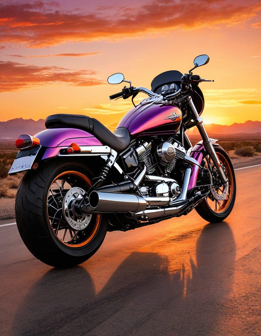 A dynamic scene featuring a sleek black motorcycle parked against a sunset backdrop, with detailed biker gear like a leather jacket, helmet, and gloves displayed nearby. Include vibrant motorcycle parts like shiny chrome exhausts and racing wheels surrounding the bike. Capture the thrill of the open road and adventure. super-realistic. vibrant colors. dramatic lighting.