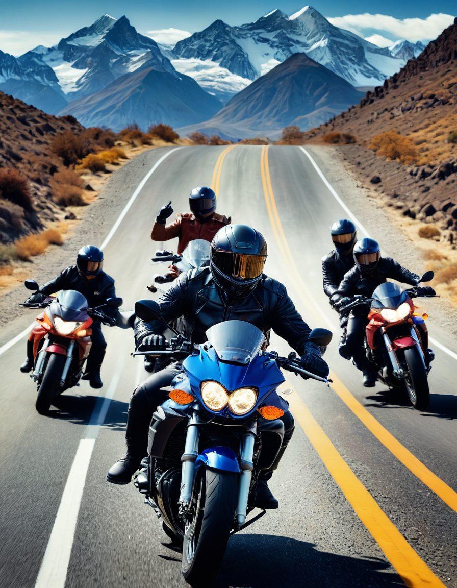 A vibrant and dynamic collage featuring various motorcycle apparel and accessories, such as leather jackets, helmets, gloves, and stylish boots. The background showcases a scenic winding road with mountains, symbolizing freedom and adventure. Incorporate elements of speed, like a blurred motorcycle in motion, to evoke excitement. Use bold colors to attract motorcycle enthusiasts and create a sense of thrill. super-realistic. vibrant colors.